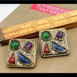 Chunky vintage earrings dark gold glitter stones